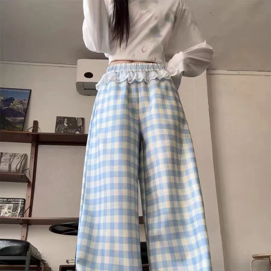 Koronkowe łączenie niebieska krata luźne spodnie z prostymi nogawkami damskie szerokie nogawki wiosna jesień 2025 nowe spodnie z wysokim stanem