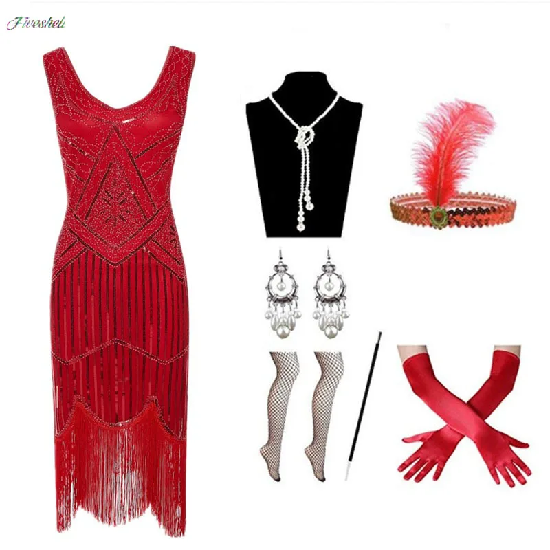 1920s Vintage Flapper Girls Gatsby Party Dress dla kobiet U Neck bez rękawów cekiny frędzle sukienki z wentylatorem akcesoria naszyjnikowe