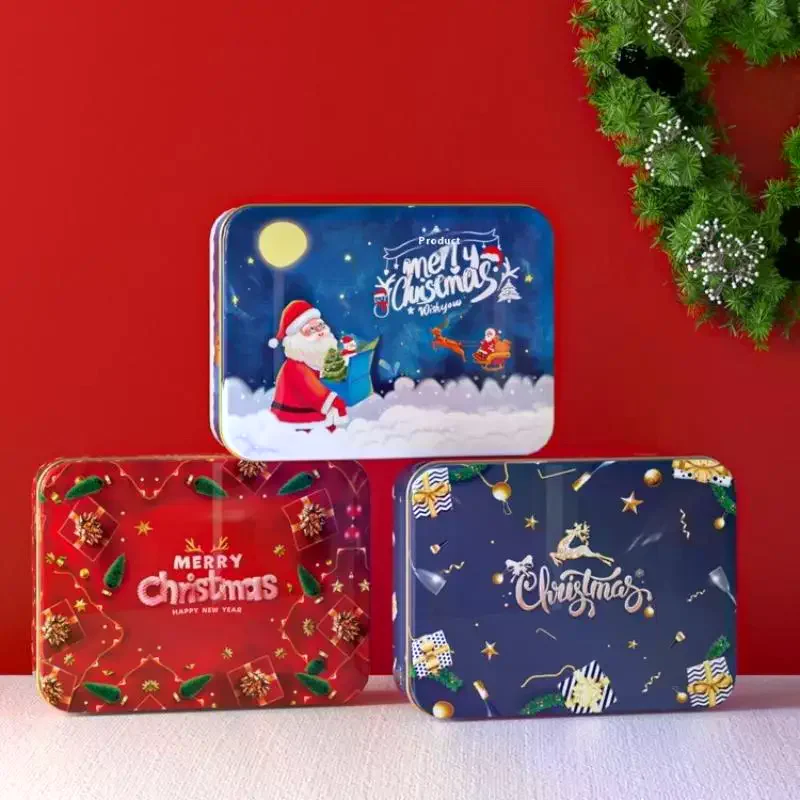 Christmas Tinplate Candy Tin Can Metal Box Cartoon Elk Santa Claus Letter Printed Xmas Candy Cookie Tea Storage Gift Case
