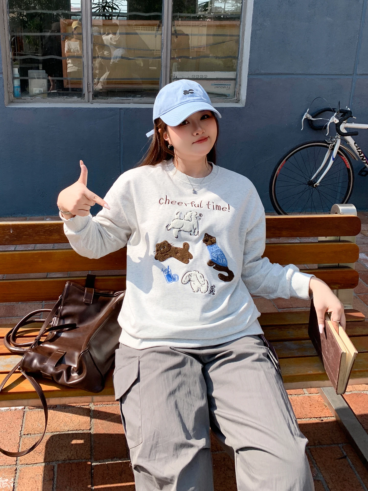 

YUZI Casual Cartoon Embroidered Sweatshirt Loose Fitting Lazy Flower Grey Long Sleeve Top plus Size Women's Fashion Spring
