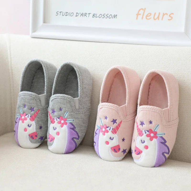 

Unicorn Cartoon Kids Slippers for Girls Closed Heel Indoor Quiet Cotton Shoes Autumn Winter