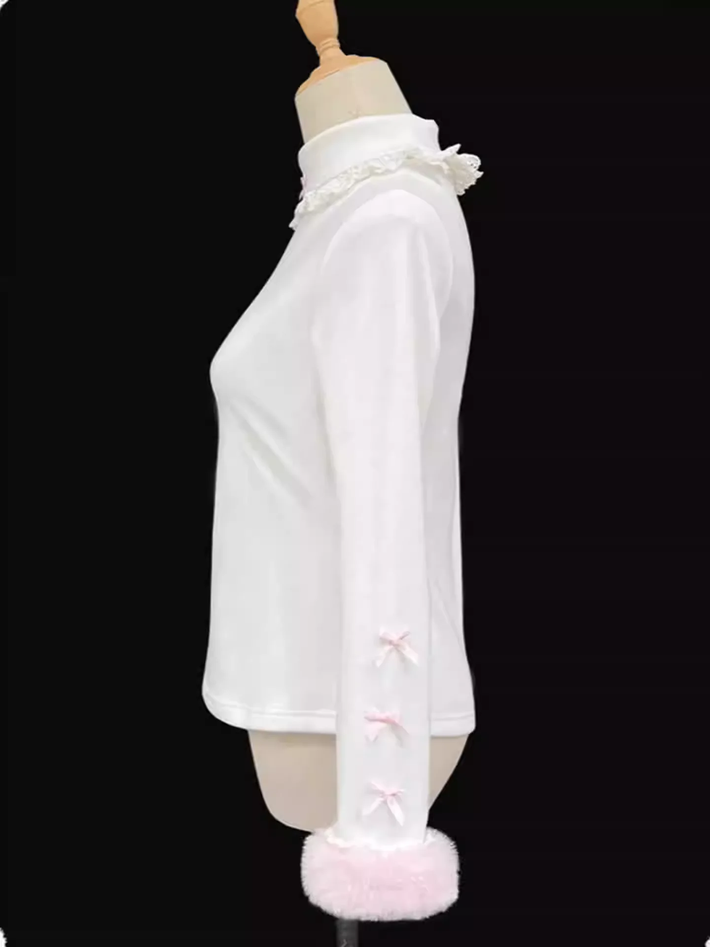 Lolita carino dolce caldo lavorato a maglia bianco a maniche lunghe camicia che tocca il fondo moda versatile sottile pizzo semi-dolcevole top con fiocco squisito