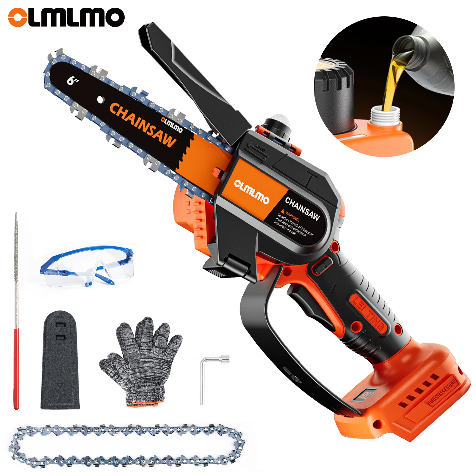 

OLMLMO CS02 Portable 6" Cordless Chainsaw Brushless Motor Handheld Chain Saw External Battery Wood Branch Pruning Electric Tools