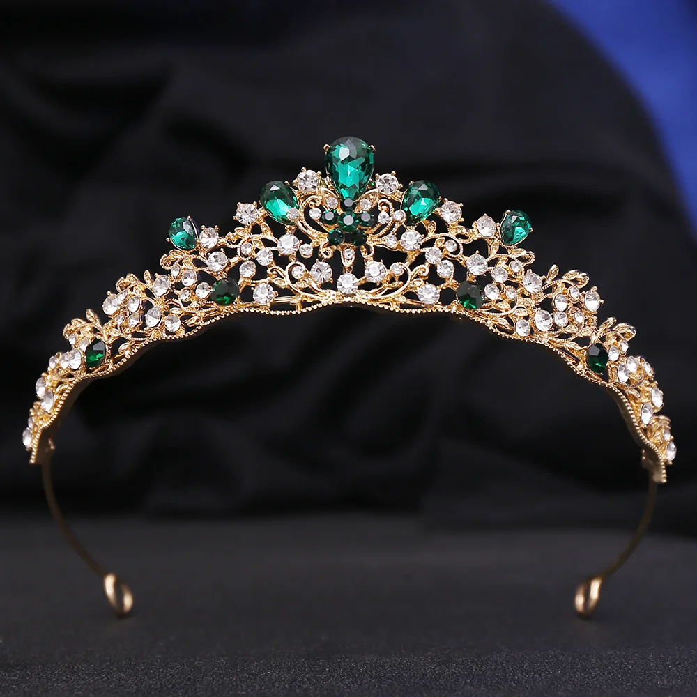 Green Crystal Crown Gold Color Tiaras and Crowns for Women Accessories Rhinestone Hair Jewelry Party  Headpiece Bridesmaids Gift