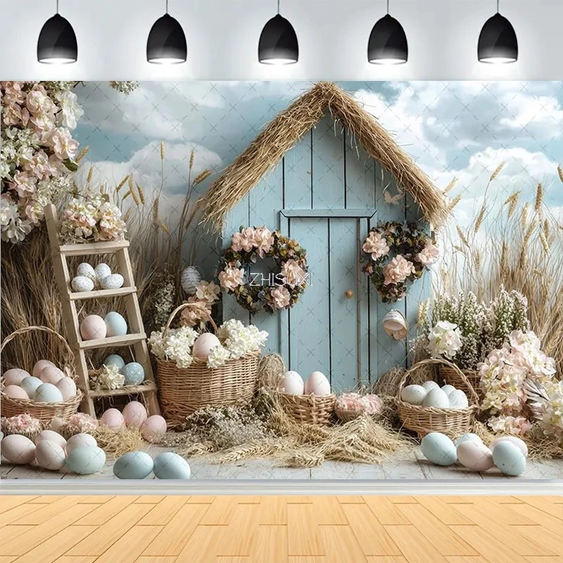 อุปกรณ์ตกแต่งงานปาร์ตี้อีสเตอร์ สวนฤดูใบไม้ผลิ อุปกรณ์ประกอบฉากถ่ายภาพเด็ก กระต่าย ไข่หลากสี พื้นหลังถ่ายภาพทารกแรกเกิด FH-34