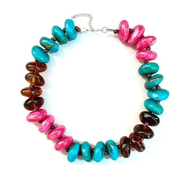 Boho Style Nice Color Combo Bold Irregular Beads Necklace Women`s 24mm Big Marble Look Beaded Collar Necklace Jewelry Gift