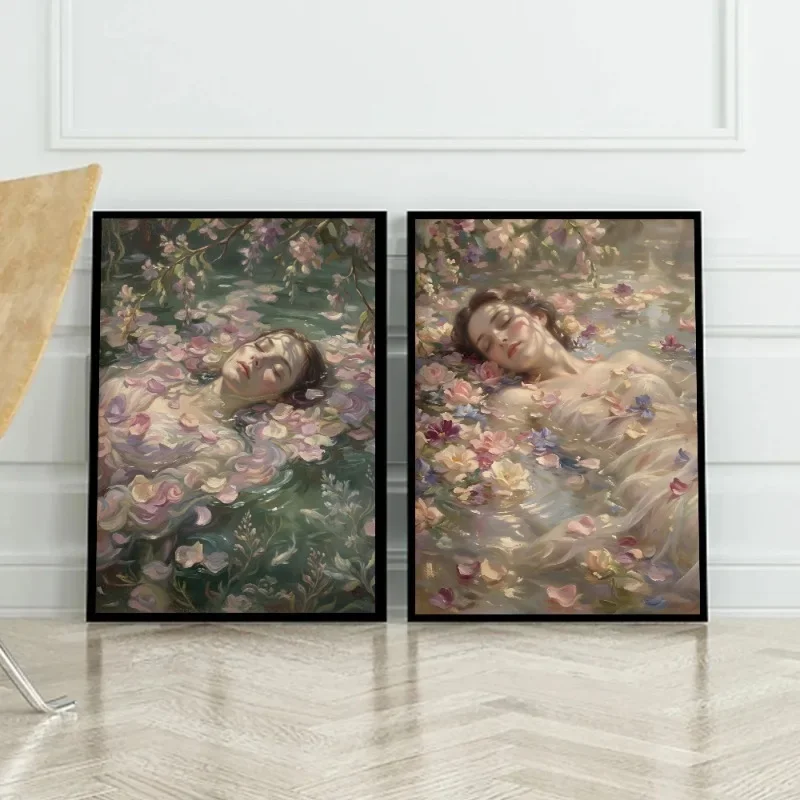 Vintage Dreamy Ophelia Poster Elegant Woman in Water Shakespeare Portrait Canvas Painting Wall Art for Living Room Home Decor