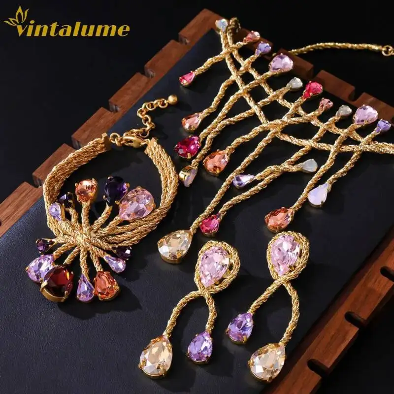 

Vintage Multicolor Crystal Flower Jewelry Set Gold Plated Twisted Statement Necklace Bracelet Earrings Jewelry Gift Vintalume