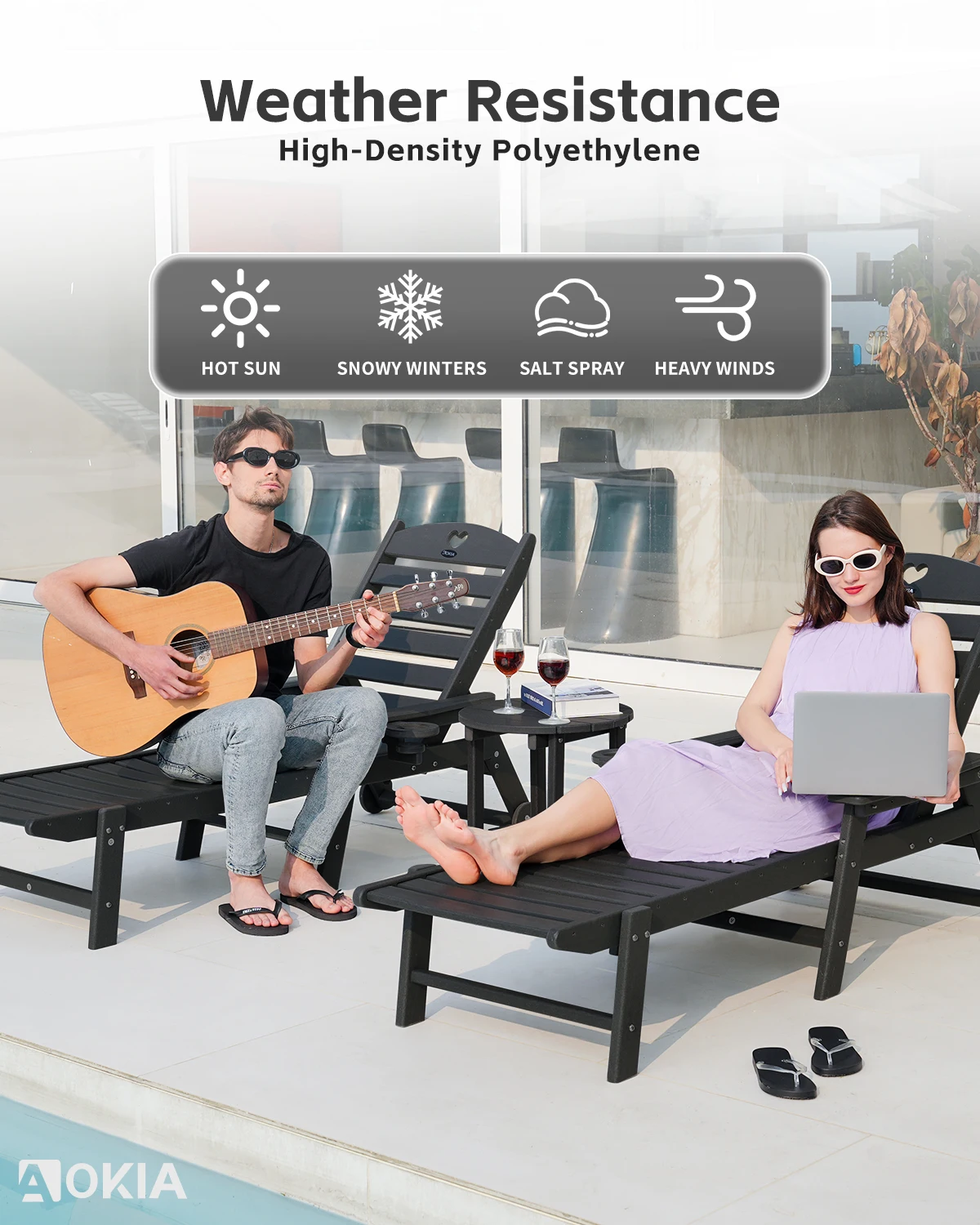 Chaise Lounge Stoelen Buiten Plastic Ligstoelen Met Wielen & Bekerhouder Hdpe Outdoor Chaise Voor Patio Zwembad Tuinmeubilair