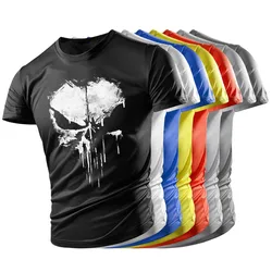 New Handsome Skull Pattern Muscular Men T-shirt Sports Tough Guy Style Summer Outdoor Light Breathable Comfortable Elastic