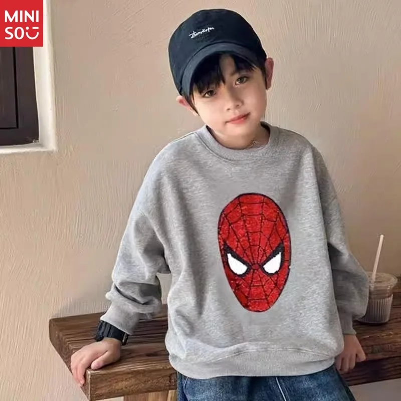 تي شيرت Miniso Boys Glitter Color Change Spider-Man Kids Winter، بأكمام طويلة من الصوف
