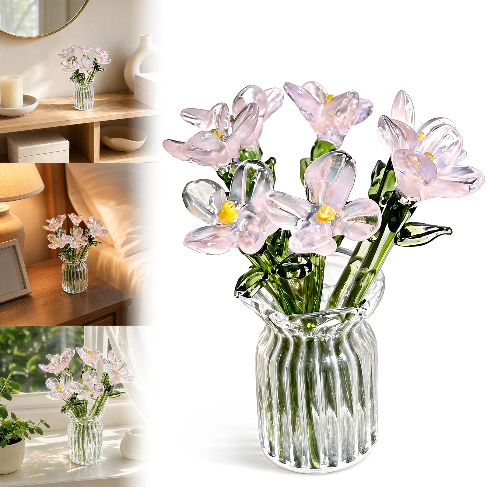 7 Pcs Cute Handmade for Colorful Glass Flowers with Vase Tiny Floral Ornament Hand-blown Glass Flower for Home Office Desk Decor
