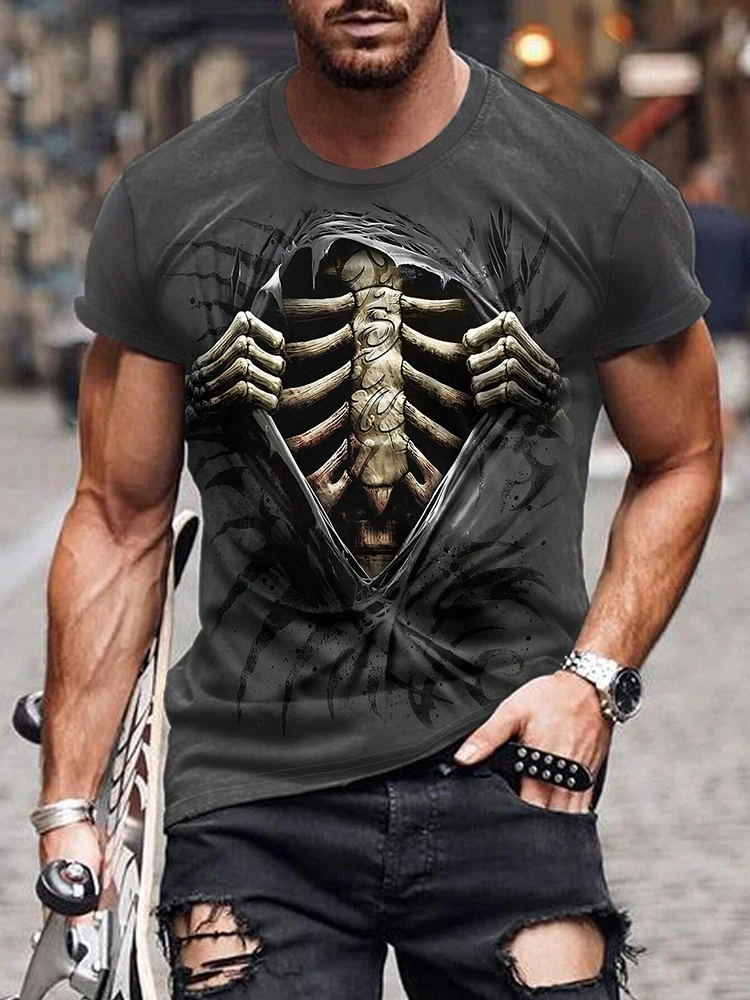 Summe Street تي شيرت رجالي الجمجمة طباعة تي شيرت رجالي عادية قصيرة الأكمام قمة الرياضة في الهواء الطلق موضة تي شيرت رجالي الملابس