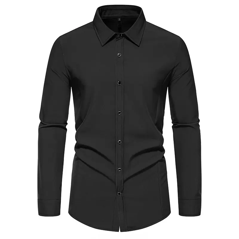 New Men Pure Color Business Social Long Sleeve Dress Shirt Loose Breathable Top Simple Male Wedding Ball Party Lapel Shirts