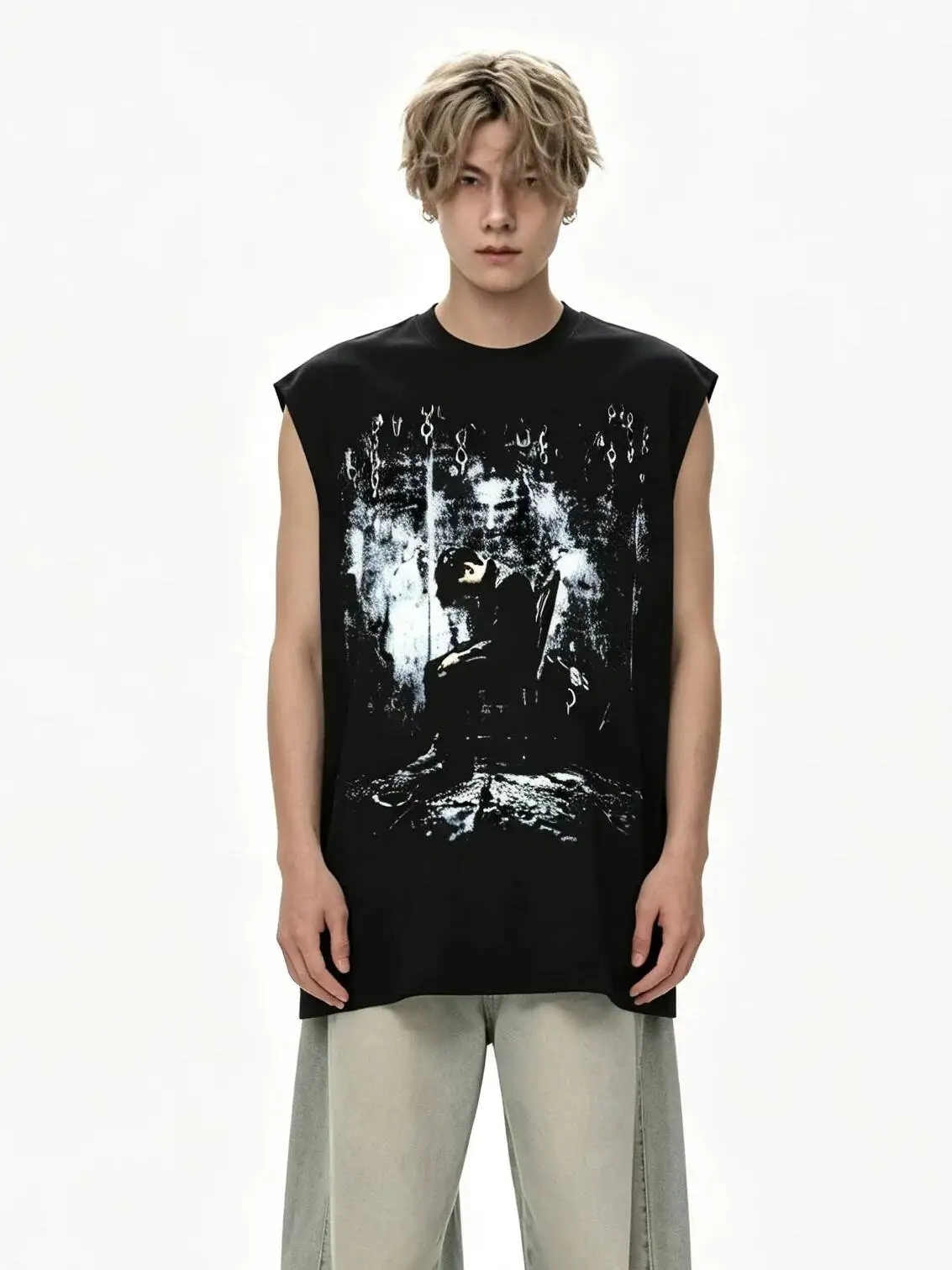 2026 Summer Men Heavyweight Cotton Printed Tank Top Loose Sleeveless T-Shirt Black Stylish Streetwear Cut Off Shoulder Vest Tee