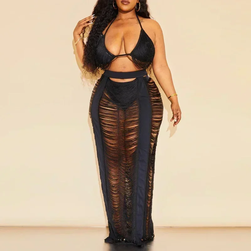 

GUWU сексуальный комплект из двух предметов с кисточками, женское пляжное платье, бюстгальтер на шнуровке, топ, макси-юбка, женская летняя праздничная одежда, костюм