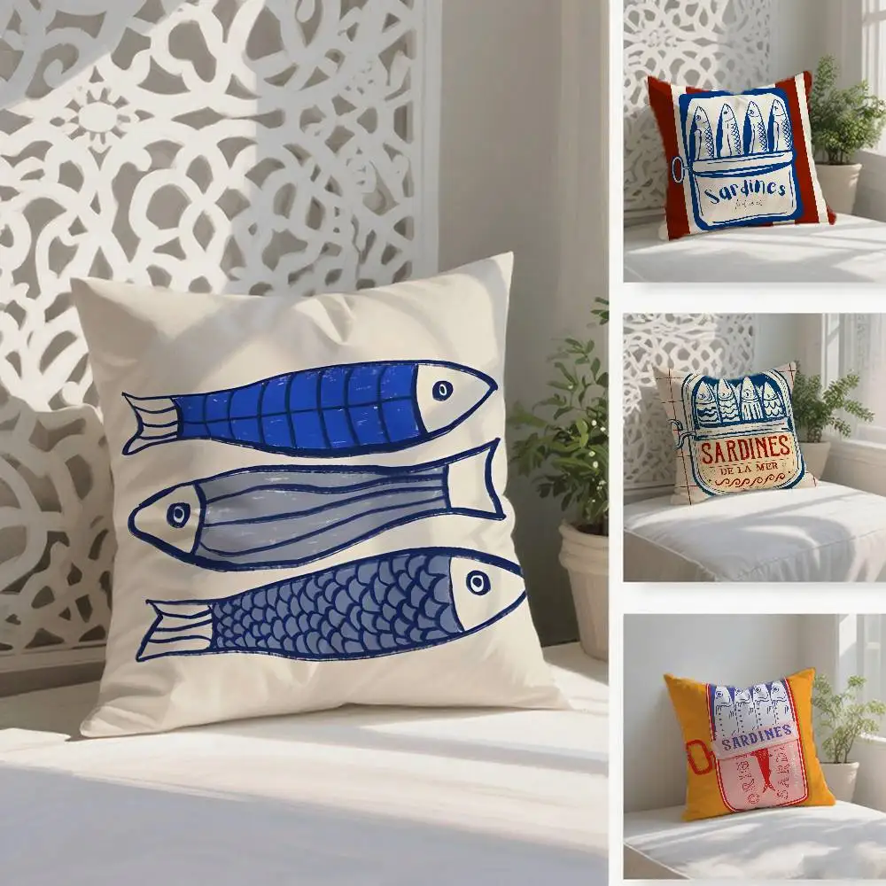 

S-Sardines Art Pillow Case Anti-dustmite Pillowcase Invisible Zipper Silky Short Plush Sofa Cushion Cover