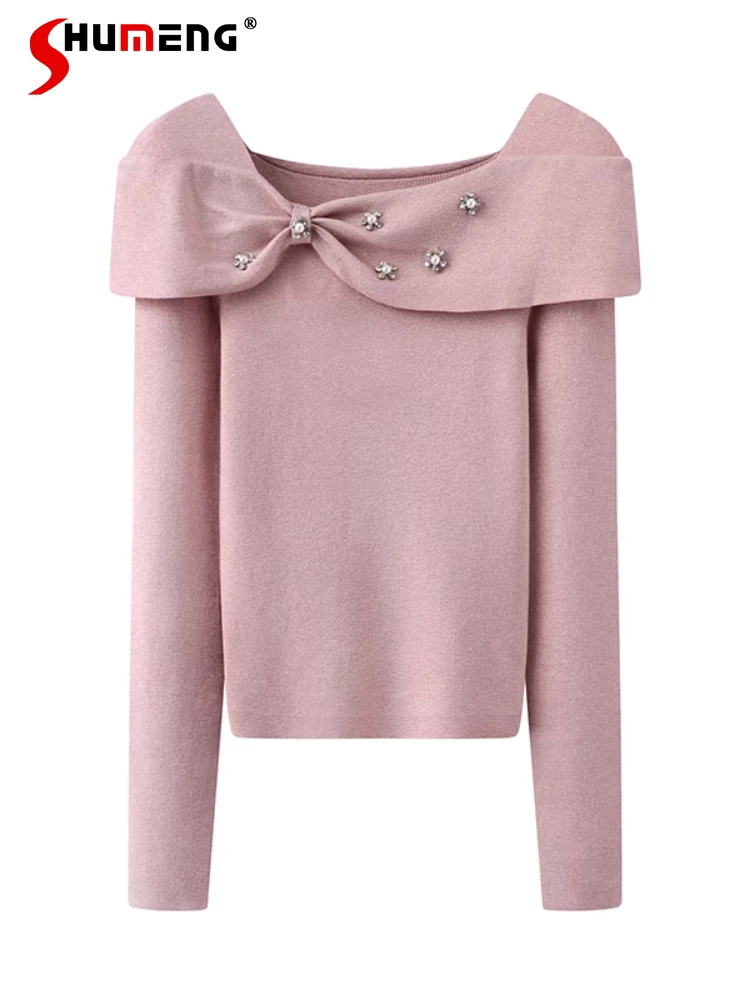 

Women's 2025 Spring Tops Versatile Slim Fit Exquisite Elegant Diamond-encrusted Bow Pink Knitted Sweaters Women's Slimming Tops