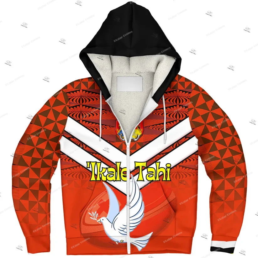 Custom Name Country Tonga Polynesia Islands Hibiscus Retro 3DPrint Harajuku Casual Winter Thicker Fleece Zip Hoodies Jacket A2
