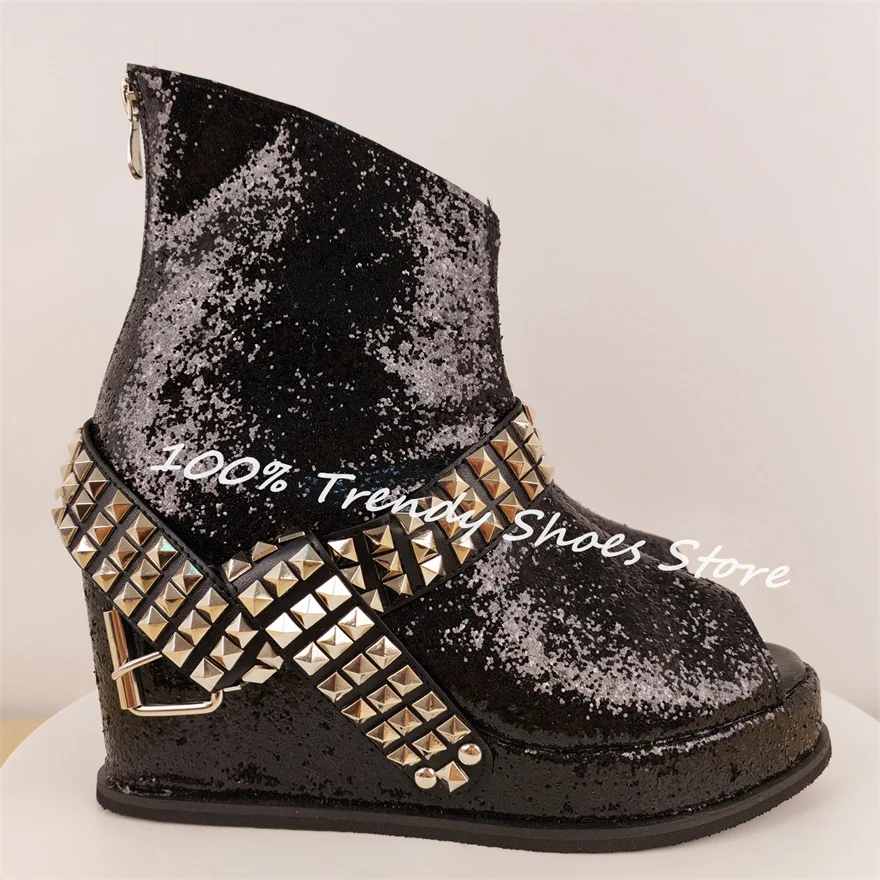 

Bling Bling Rhinestone Belt Buckle Women Ankle Boots Peep Toe Wedges High Heel Short Boots Ladies High Top Party Dress Shoes