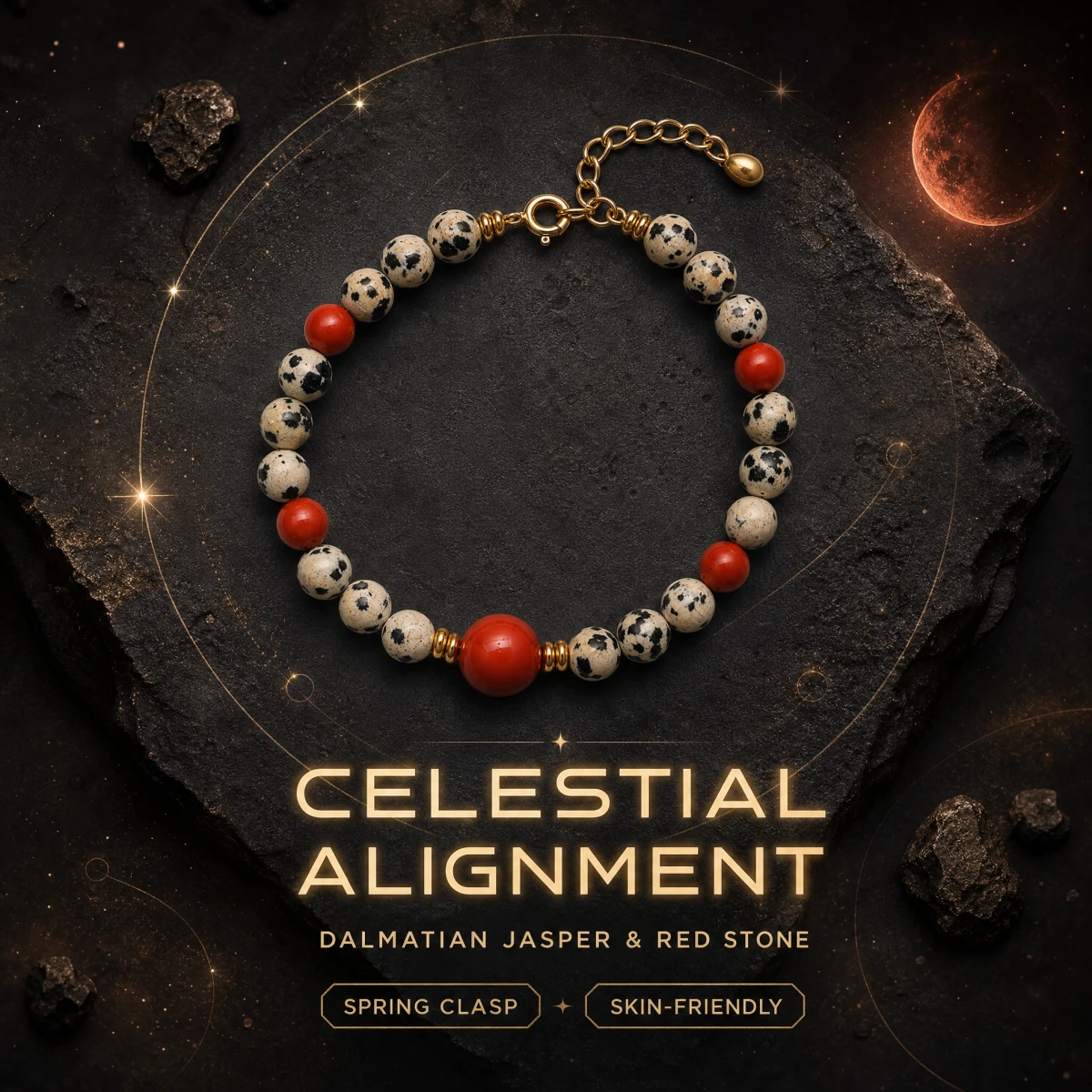 Natural Dalmatian Stone Red Jasper Lucky Bead Bracelet Stainless Steel Chain for Women Men Chakra Protection Luck Jewelry Gifts
