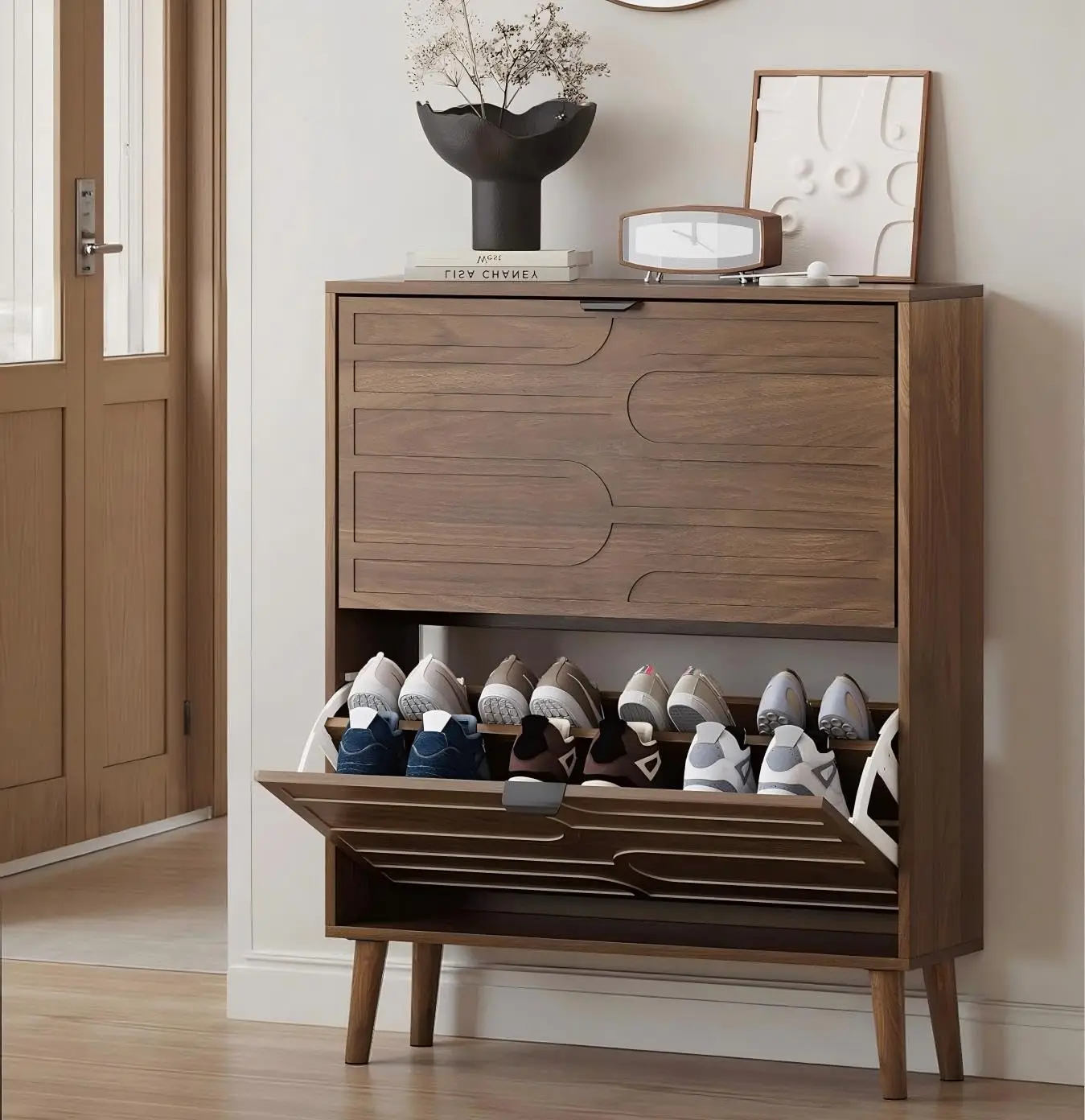Shoe Cabinet 2 Flip Drawers Fluted Panel, Freestanding Hidden Storage Organizer for Entryway Hallway Foyer, Brown, Customized