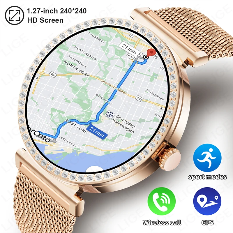 

Умные часы LIGE для женщин с GPS, трекером фитнеса, 1.27-дюймовым HD-экраном, измерением уровня кислорода в крови, частоты сердечных сокращений, Bluetooth и функцией звонков.