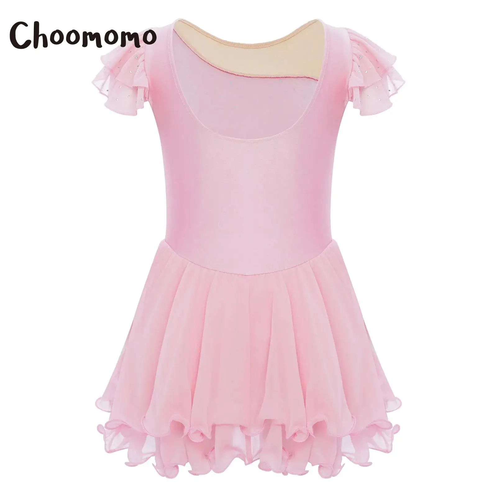 

Kids Girls Sleeveless Ruffle Gymnastics Ballet Leotard Dress Sheer Mesh Patchwork Rhinestones Figure Skating Costume