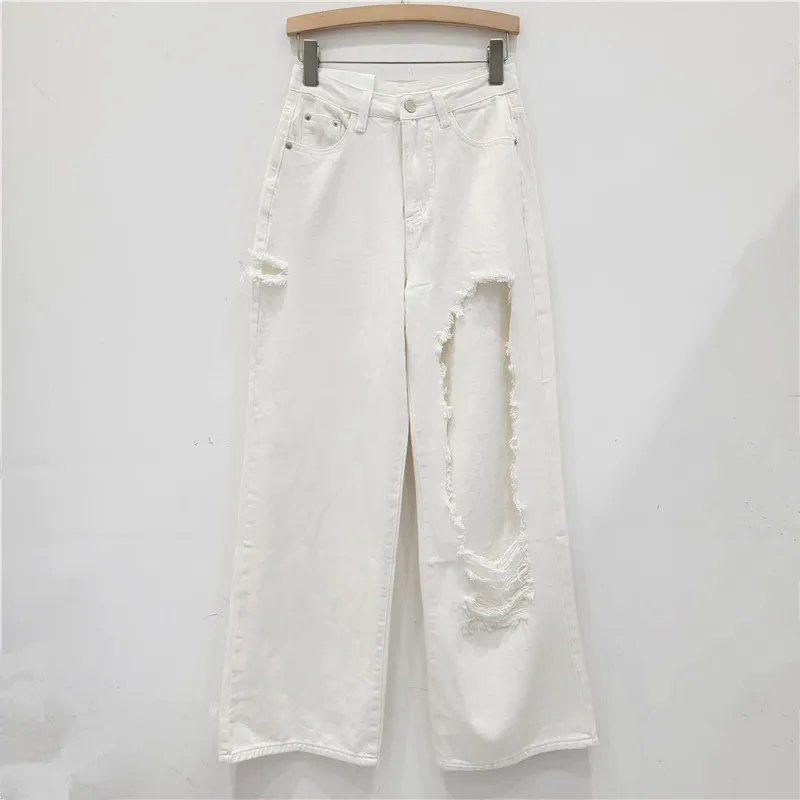 Déchiré Style de Rue pour Femme, Baggy Taille Haute, Droit, Délavé, Style Rétro, Nouvelle Collection Été 2024