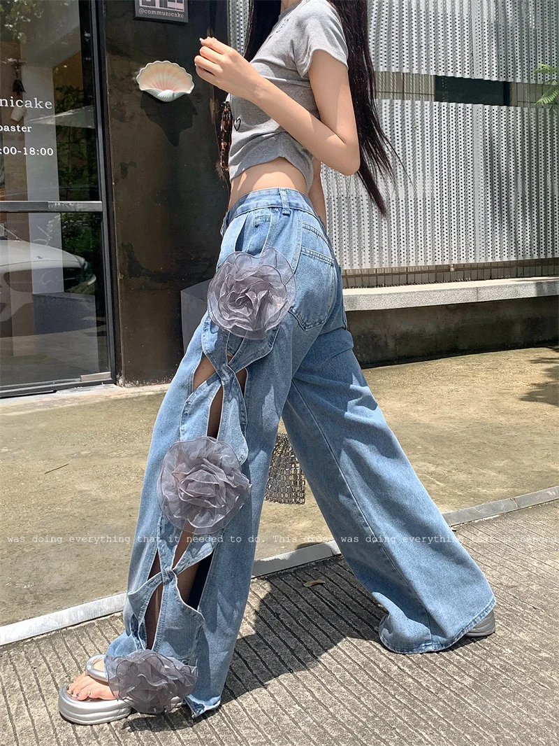 

SuperAen Europe and America Style Flower-designed Jeans for Women Summer New High-waisted Loose Straight Wide-leg Pants
