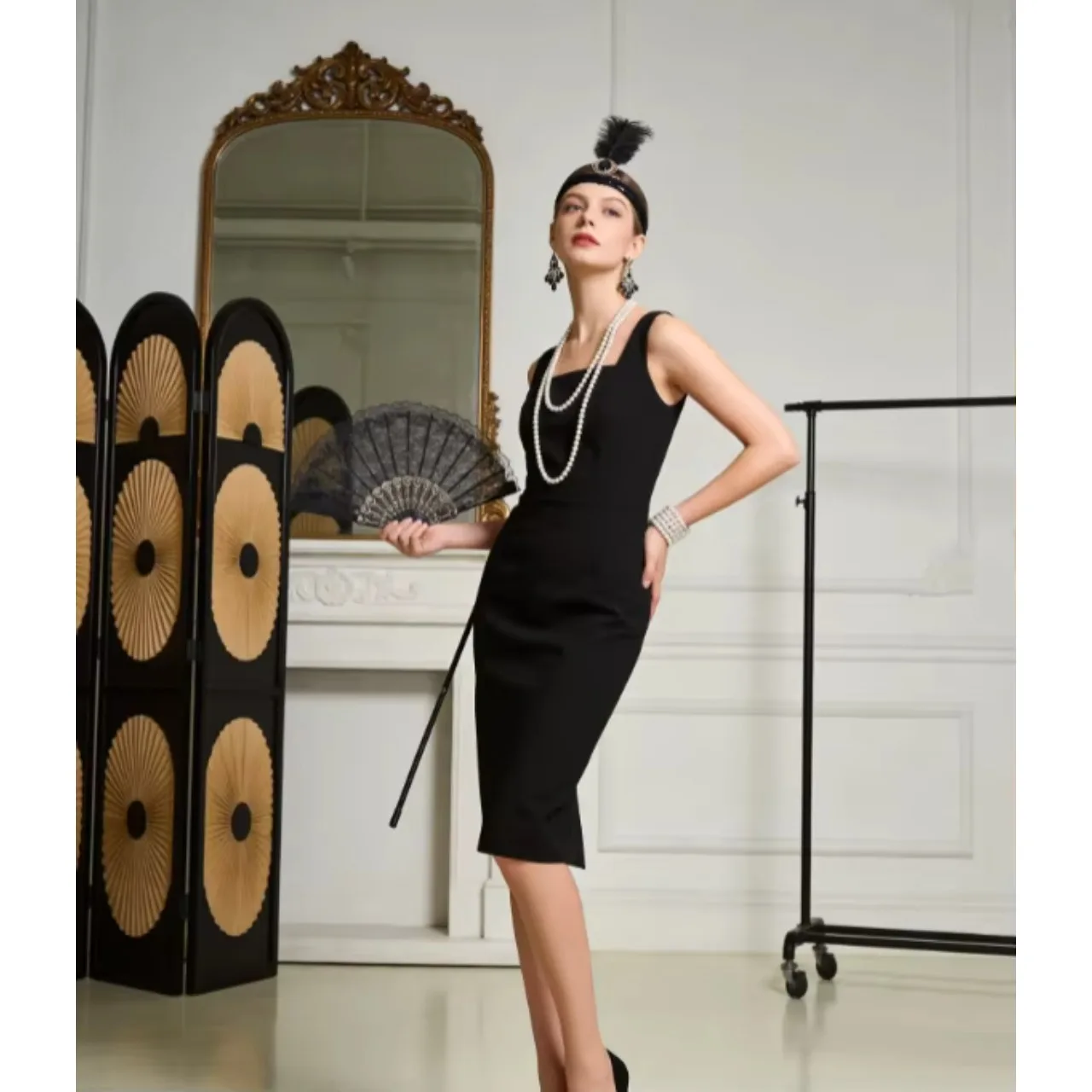 PESENAR 1920s Flapper Costume Accessory Set with Feather Headband, Long Gloves, Pearl Necklace and Fan