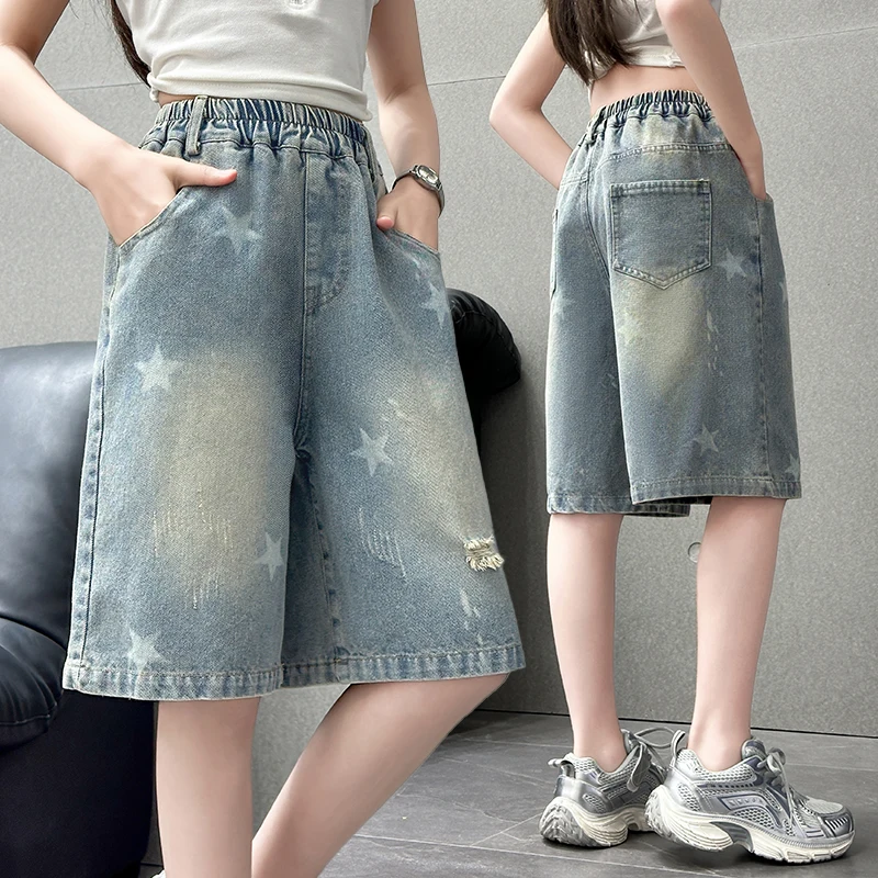 Kids Child Retro Gothic Y2K Knee Length Ripped Denim Shorts With Star Print for Teenage Girl Fashion Casual Mid-Calf Jeans Capri