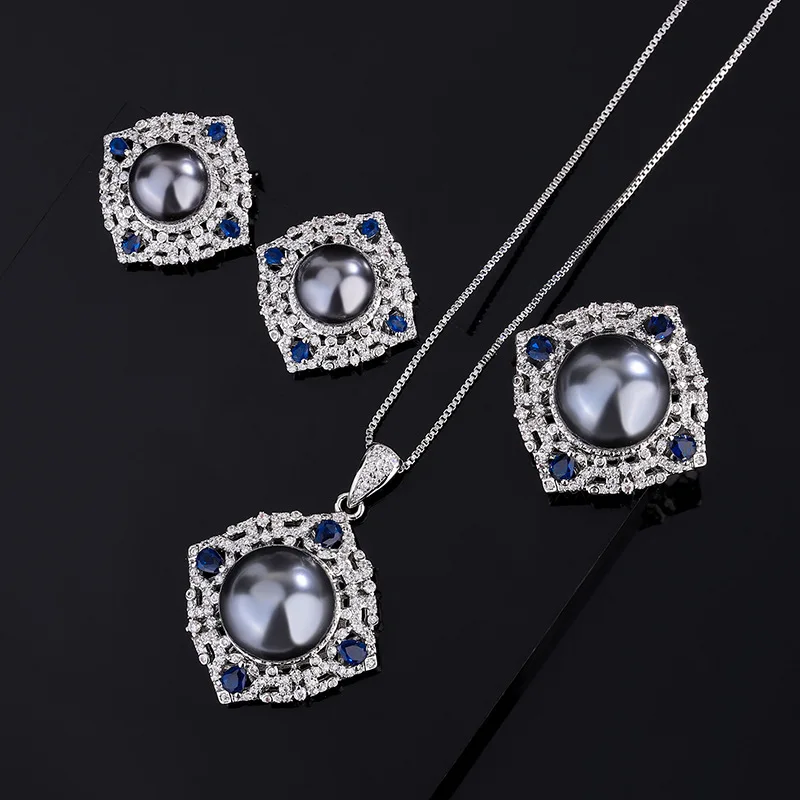

New European and American retro-style blue-gray pearl pendant necklace and ring14mmEar Studs10mmElegant women's suit