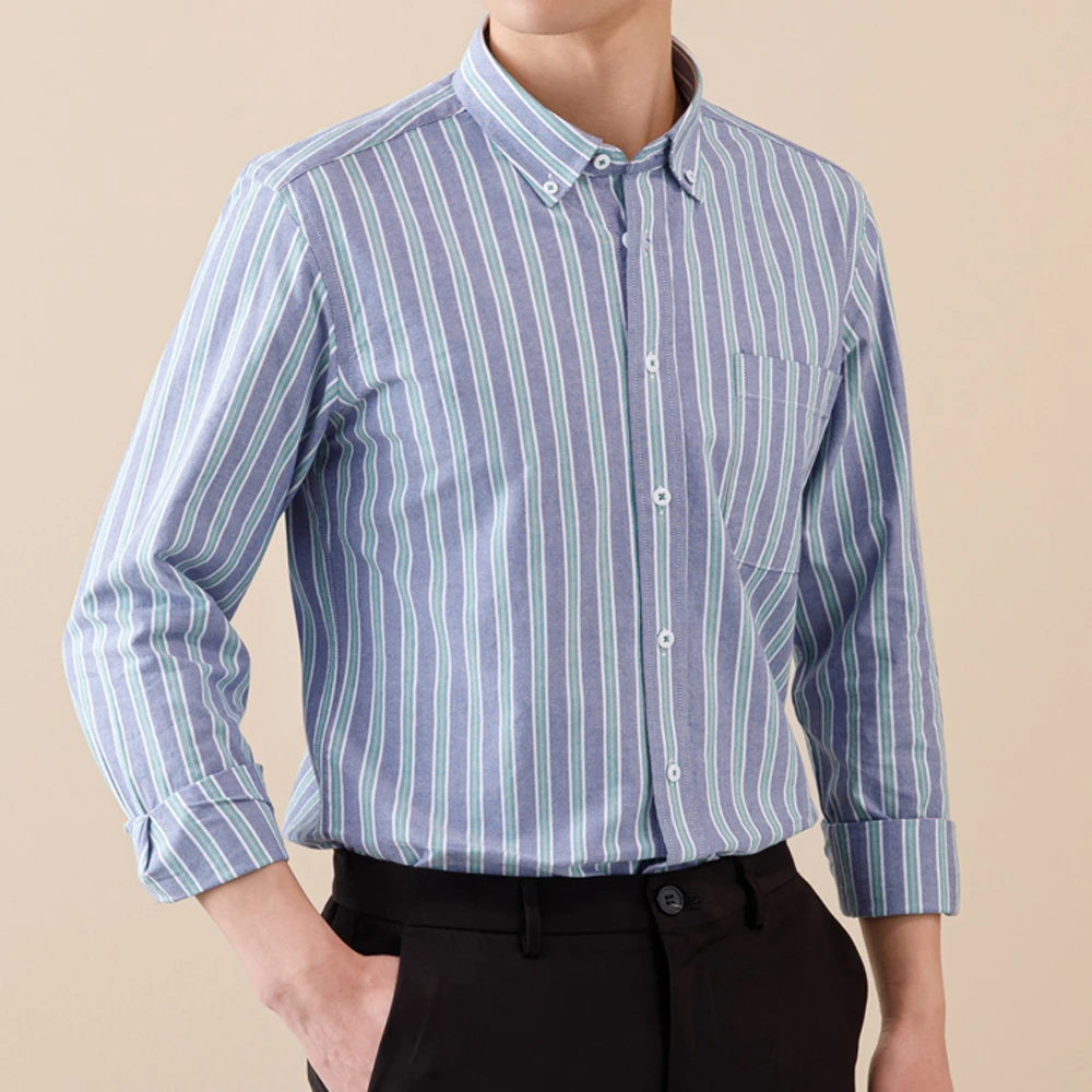 

Men's Stripe Plaid Long Sleeve Oxford Button Down Shirt, Washed Soft 100% Cotton with Chest Pocket Skin-Friendly for Spring Fall