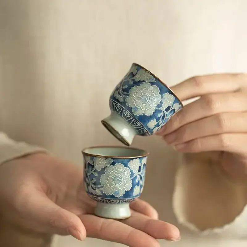 2Pcs Imitation Song Ru Kiln Yuan Blue and White Teacup Master Cup Guest Cup Ceramic TeaSet Goblet Opening Can Raise Peony TeaCup