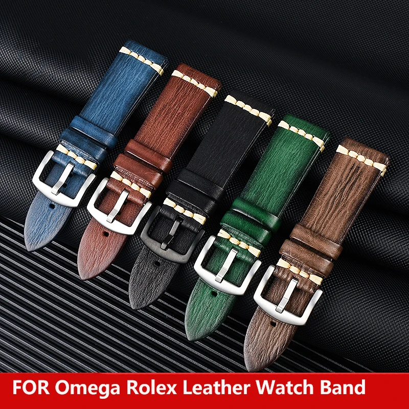 

20mm 22mm 24mm Genuine Leather Watch Band For Omega Rolex Green Water Ghost Retro Cowhide Watch Strap Waterproof Men Accessories