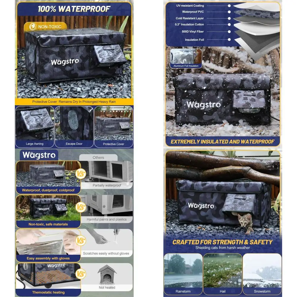 

Водонепроницаемый уличный кошачий домик с подогревом, тент и дверцами для побега, изолированное укрытие для ферлов, черный камуфляж, 25,2x16,5x13