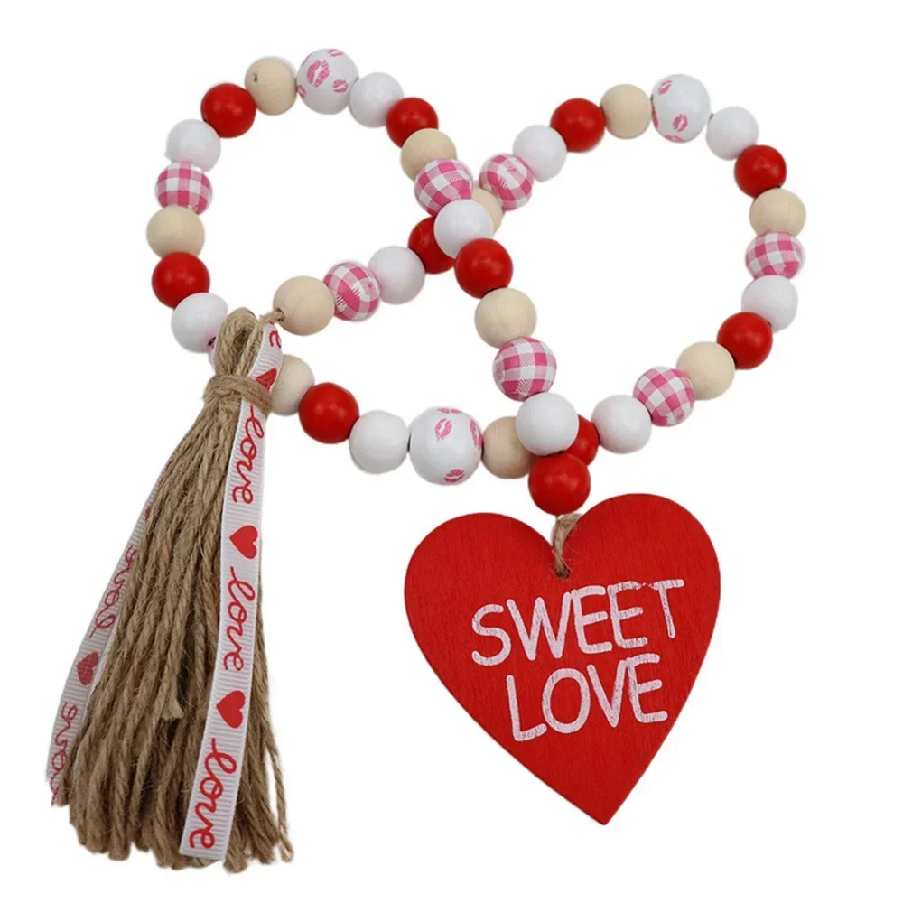 Wall Hanging Sweet Love Wood Beads Garland Valentine’s Day Tiered Tray Decors Beaded Garland with Tassels Heart Shaped Pendant