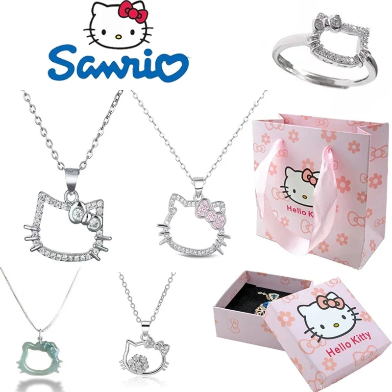 Collar de diamantes brillantes Kawaii Sanrio Hello Kitty para niña, cadena de clavícula Sexy, anillo lindo de dibujos animados, joyería, regalos de vacaciones, nuevo