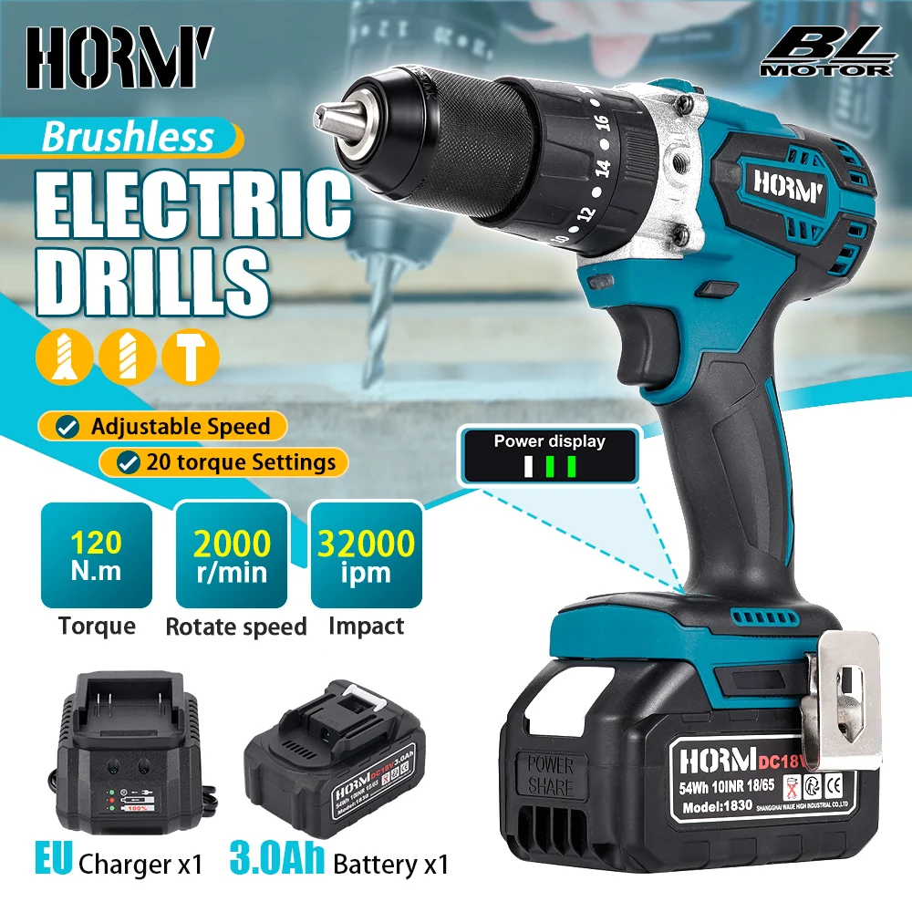 

18V Brushless Electric Impact Drill 120N.m 3 in 1 Electric Screwdriver with Handle Electric Hammer Power Tool For Makita Battery