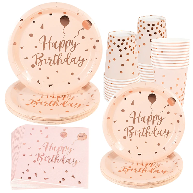 

Happy Birthday Decoration Rose Gold Dot Disposable Tableware Paper Plate Cup Napkin Set Baby Shower Kids Birthday Party Supplies