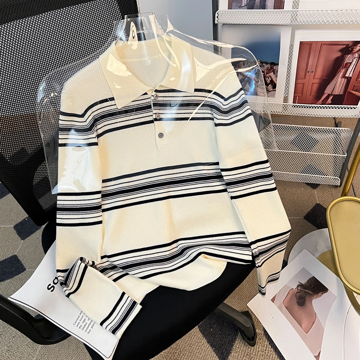 

Slim Fit Striped Ne Knitwear Long Sve Faionable Versatile Autumn Winter Women's Top Casual Sle Regular Length