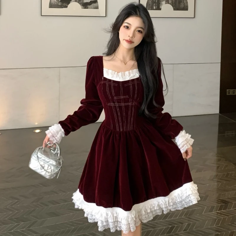 Vintage Christmas Sweet Velvet Dress Women Lace Patchwork Square Collar High Waist Solid Color Slim Birthday Dresses for Female