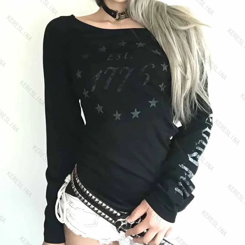 Millennium vintage Y2k subculture Gothic retro style long sleeved top Spring/Autumn hip-hop rock style slim fit long sleeved top