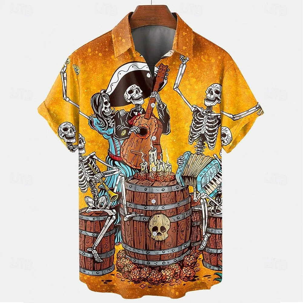 

Skull pattern print, men's fashionable short sleeved shirt, loose top, outdoor street, casual and comfortable