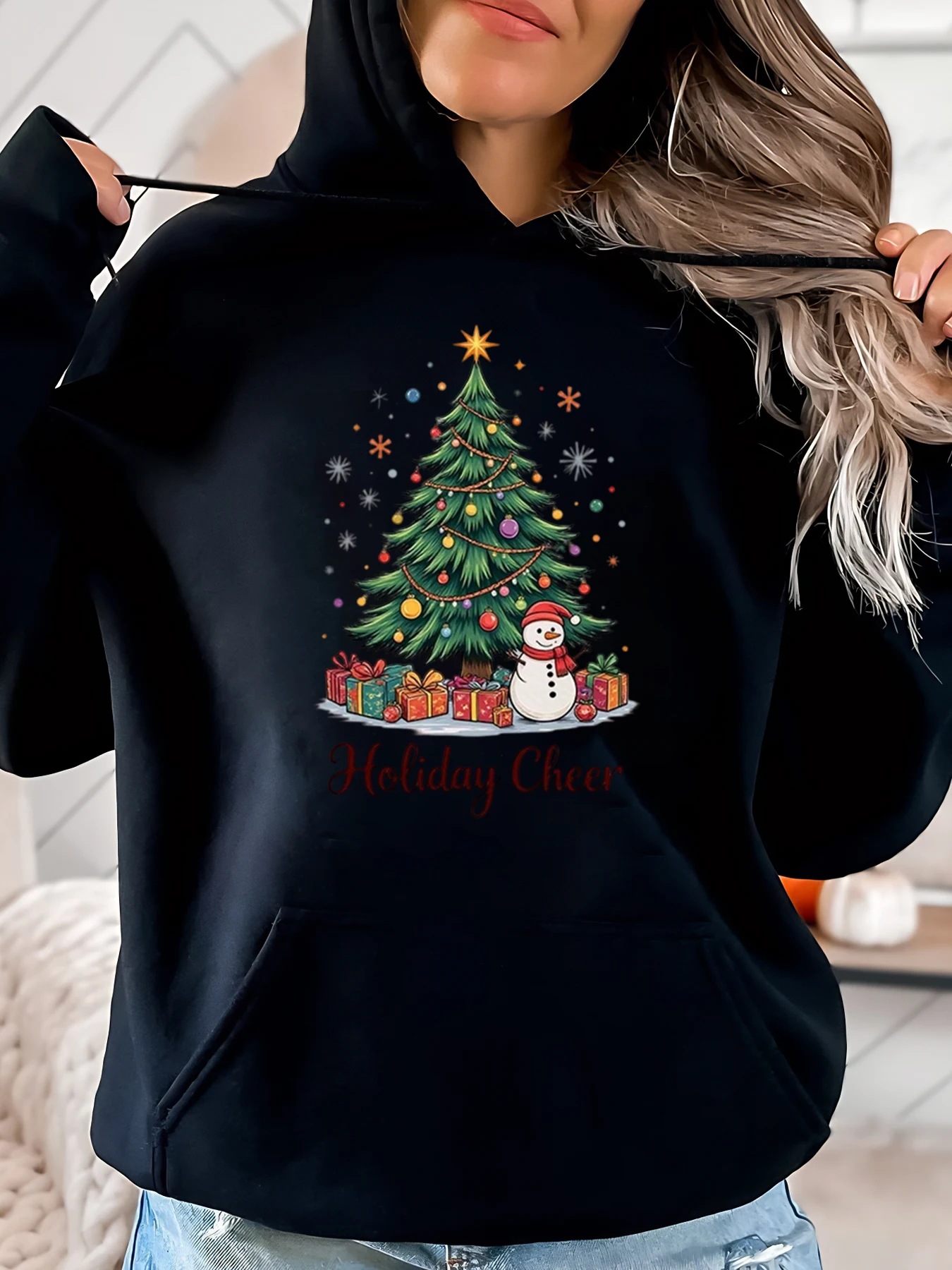 

Рождественская елка, снеговик, праздничная толстовка с принтом Cheer, женская рождественская вечеринка, повседневная одежда, черный, большие размеры