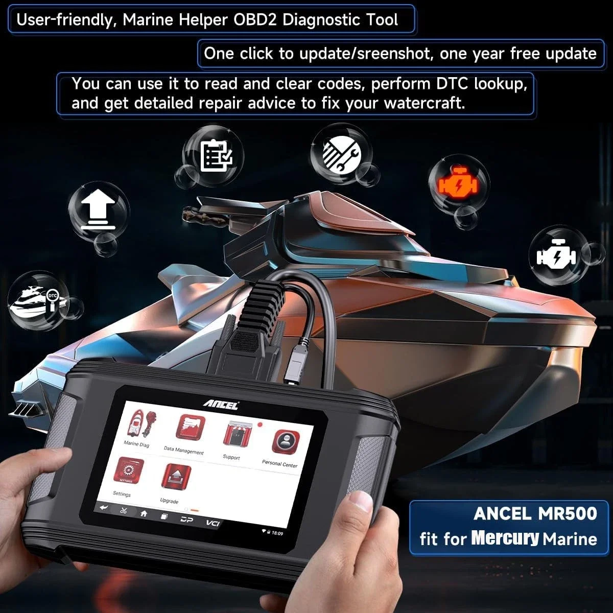 For Mercury Outboard Marine Diagnostic Tool Engine Scanner ANCEL MR500 Models Active Tests Dealer-Level Reset