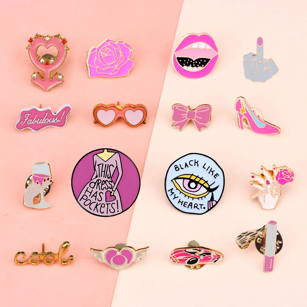 Women Pink Rose Enamel Pins Sexy Red Lips Brooches Fashion Personality Female Glamour Symbol Badges Pin Jewelry for Girls Female