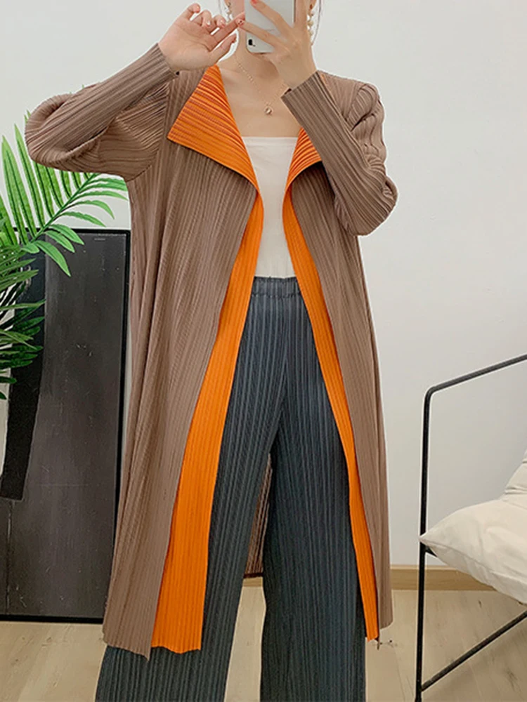 Miyake Double Layer Color Block Pleated Trench Coat Women Long Sleeve Lapel Medium Long Cardigan Elegant Windbreaker Lady