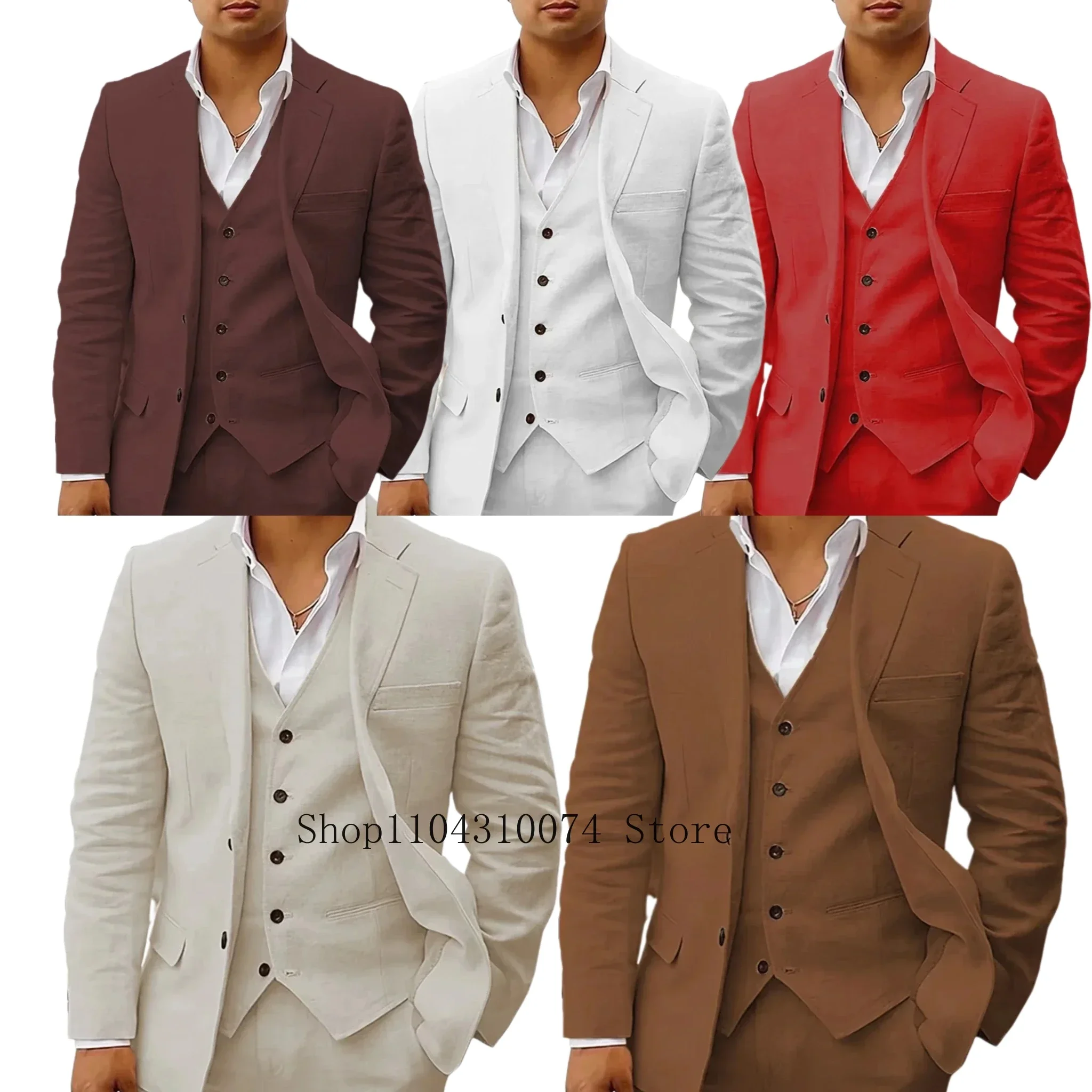 

Solid Color Formal Business Suits Regular Suit with Vintage Notch Lapel Single Breasted Summer Beach Evening Party Linen Suit